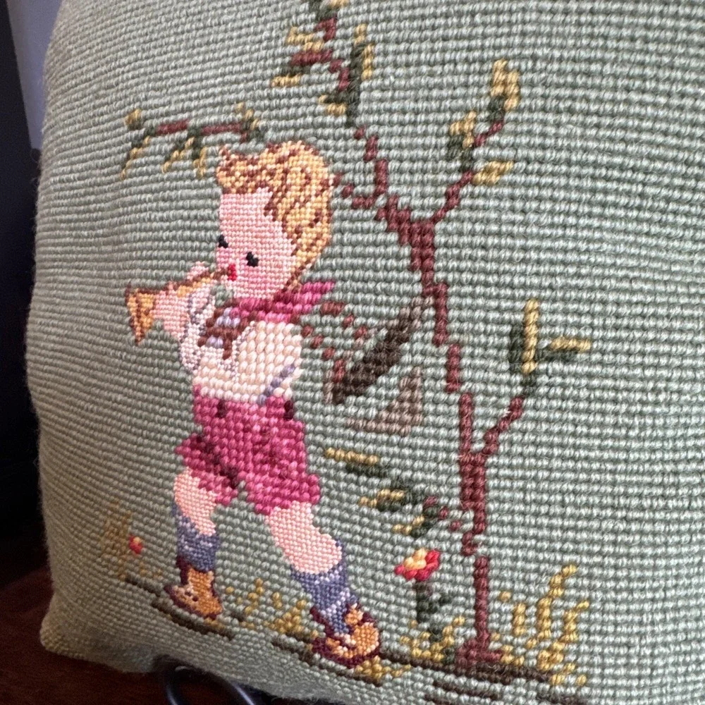Double Sided Needlepoint Point Pillow Green Cottagecore Country Boy Girl VNTG